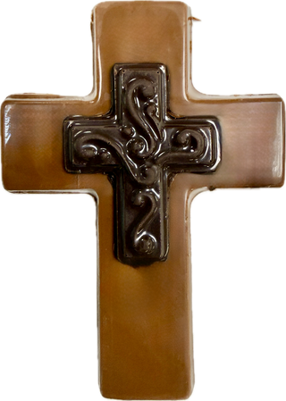 Hand Molded Chocolate Double Cross in brown, 5 inches tall, perfect for Easter gifts, beautifully boxed.