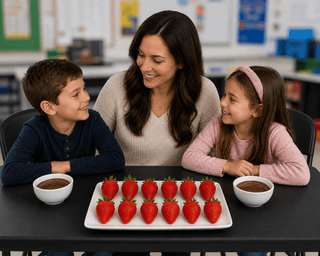 Mother’s Day Special Chocolate Making Event with mom and kids enjoying chocolate-covered strawberries.