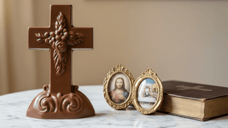 Hand Molded Elaborate Chocolate Cross Boxed Gift displayed with decorative frames and a book on a marble surface.