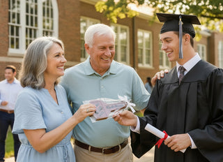 Graduation celebration with a smiling graduate in cap and gown receiving a Chocolate Key To Success Hand Molded Gift.