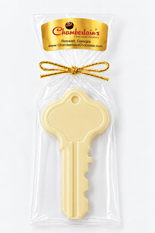 Hand Molded Chocolate Key Gift Wrapped featuring solid chocolate keys in white chocolate Realtors, Real Estate From Chamberlains