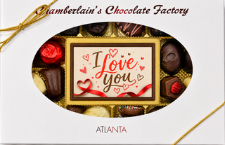 "I Love You" edible-image chocolate bar and artisan assortment gift box by Chamberlain's Chocolate Factory, Atlanta — white gift box with gold ribbon and oval window