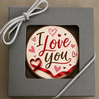 "I Love You" edible-image chocolate covered Oreo in a gray gift box with silver ribbon — Chamberlain's Chocolate Factory, Roswell GA