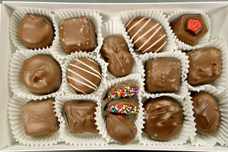 Half-pound gourmet chocolate gift box with butter creams, caramels & fruit flavors. Peanut-free, From Chamberlains Chocolate in Roswell GA. Local pickup or nationwide shipping
