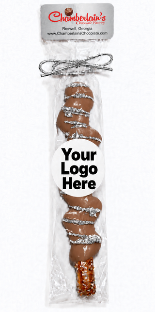 Custom Branded Chocolate Dipped & Caramel Wrapped Pretzel Rods with Shimmer 6 Pack