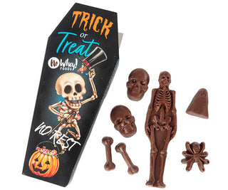 Vegan Halloween chocolate gift box in spooky coffin shape, top 9 allergen-free dairy-free and gluten-free treat from Chamberlain's Roswell GA

