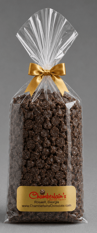 Allergen Friendly Vegan Milk Chocolate Chips in a clear bag with a gold ribbon, from Chamberlain's Chocolate.