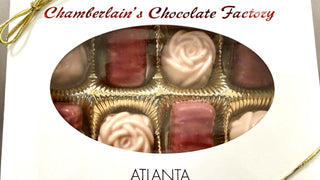 Hand Crafted Ruby Chocolate Dark Ganache Truffles and Strawberry Shortcake Truffles in elegant packaging from Chamberlain's Chocolate Factory.