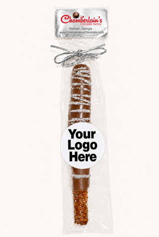 Milk Chocolate dipped and drizzled with silver shimmer pretzel rods individually wrapped with your branding logo image