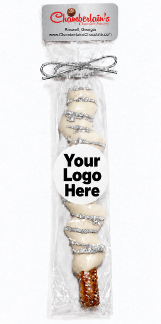 Custom Branded Chocolate Dipped & Caramel Wrapped Pretzel Rods with Shimmer 6 Pack