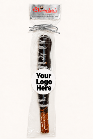 Dark Milk Chocolate dipped and drizzled with silver shimmer pretzel rods individually wrapped with your branding logo image