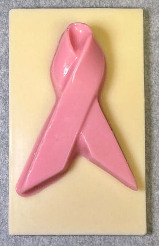Breast Cancer Awareness Small Chocolate Bar featuring a 3.25" x 2" solid white chocolate bar with a solid Pink Chocolate breast cancer awareness ribbon from Chamberlains Chocolate Factory