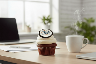 Custom Printed Small Chocolate Pieces on a cupcake in an office setting with a coffee cup.