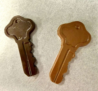 Hand Molded Chocolate Key Gift Wrapped featuring solid chocolate keys in dark and milk chocolate.