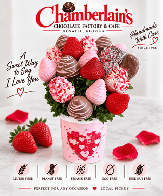 Chocolate covered strawberry bouquet with chocolate lollipop in a pink heart gift bucket — pink, milk chocolate, and sprinkle-coated strawberries, gluten-free and peanut-free, crafted at Chamberlain's Chocolate Factory in Roswell, Georgia