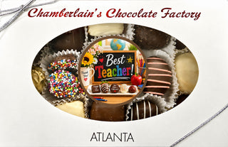 Chamberlain's Chocolate Factory Best Teacher assortment box with molded Oreo centerpiece, sprinkle chocolates, and striped truffles, made in Atlanta in a peanut-free facility