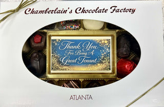 Thank You Tenant Chocolate Bar and Assortment displayed in a box of assorted chocolates from Chamberlain's Chocolate Factory.