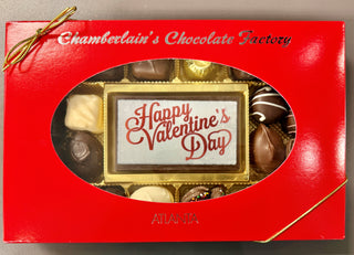 Valentine's Day Chocolate Bar Assortment in a red box from Chamberlain's Chocolate Factory.
