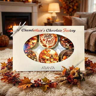 A boxed assortment of fall-themed chocolates from Chamberlain's Chocolate Factory, displayed on a white fluffy rug with autumn leaves and berries in a cozy living room setting. The white box features a large oval window showing round chocolate tins with fall illustrations and the words 'Hello Fall' and 'Happy Fall.