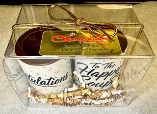 Wedding congratulations chocolate shot glasses in a clear gift box with Chamberlain's Chocolate Factory label, Roswell Georgia, gold ribbon bow, edible 'Congratulations' and 'To The Happy Couple' prints