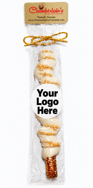 Custom Branded Caramel Wrapped White Chocolate Pretzel Rod Individually Packaged Gift 