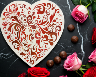 Valentine Heart Chocolate Assortment One Pound in a decorative heart-shaped box surrounded by roses and chocolates.