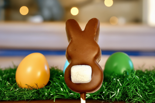 Chocolate Hand Dipped Peep Lollipops - adorable chocolate bunny lollipop with marshmallow filling, perfect for Easter.