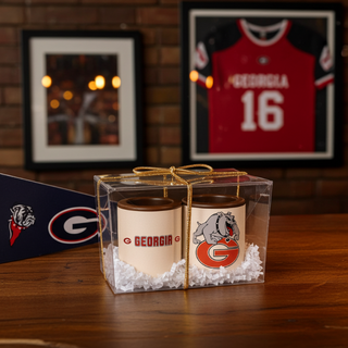 Set of 2 milk chocolate shot glasses with Georgia Bulldogs Team edible print — one with team name, one with logo — gift boxed, made at Chamberlain's in Roswell, GA