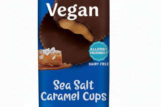 Allergen Friendly Sea Salt Caramel Cups packaging featuring allergy friendly and dairy free labels.