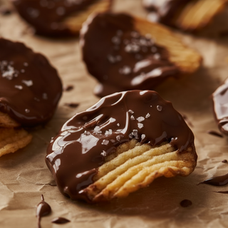 Close-up of milk chocolate covered potato chip