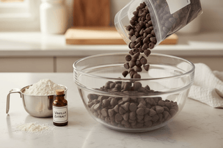 Vegan allergen-free milk chocolate chips poured into glass mixing bowl on kitchen counter with baking ingredients, dairy-free baking lifestyle photography Enjoy Life Vegan Chocolate