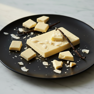 Vegan white chocolate bar pieces on a black plate with vanilla beans and coconut shavings
