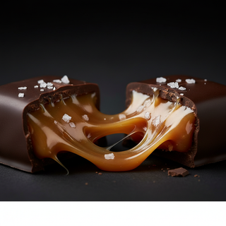 Close-up of dark chocolate sea salt caramel broken open with gooey caramel center