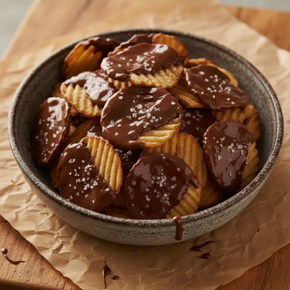 Milk chocolate covered potato chips in a rustic bowl