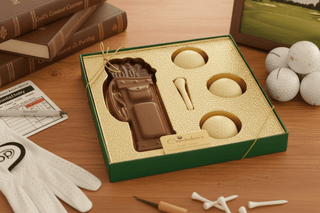 Artisan chocolate golf gift set in green gift box displayed on wooden table with golf accessories, premium chocolate gift for golf enthusiasts