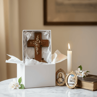 Artisan milk chocolate cross with floral relief design in white gift box with tissue paper next to white candle and small flowers, premium religious chocolate gift for Easter or confirmation