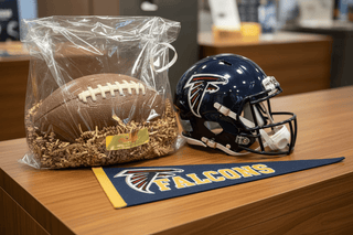 Artisan milk chocolate football in clear cellophane gift bag with gold crinkle paper on wooden surface next to football helmet and pennant, premium sports fan chocolate gift