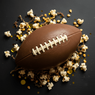 Life-size milk chocolate football with white chocolate laces flat lay surrounded by scattered popcorn and gold confetti on dark surface, unique football fan artisan chocolate gift
