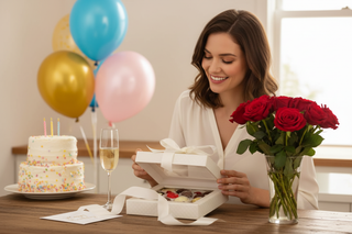 Smiling woman opening white keepsake chocolate gift box with white satin bow at birthday celebration with balloons and birthday cake in background, unique artisan chocolate birthday gift