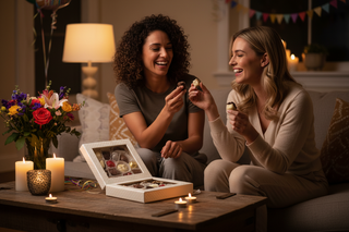 Two friends sharing artisan chocolates from white keepsake gift box at birthday celebration with candles and flowers, Chamberlains Chocolate Factory Happy Birthday chocolate assortment gift