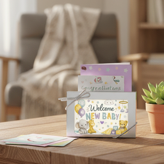 New Baby chocolate bar gift box with silver bow on wooden table next to succulent and congratulations card, warm natural light, artisan chocolate new baby gift