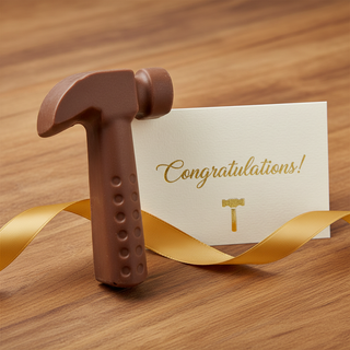 Artisan milk chocolate hammer on wooden surface next to congratulations card and gold ribbon, novelty chocolate tool gift for builders DIY fans and construction milestones