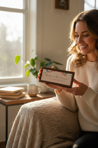 Person smiling and holding a Get Well Soon chocolate bar gift box with floral label in cozy home setting, warm natural light, unique artisan chocolate get well gift