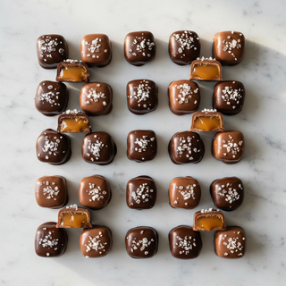 Overhead flat lay of dark and milk chocolate sea salt caramels on white marble