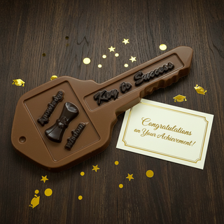 Hand-molded milk chocolate key with Key to Success text on dark wood surface next to congratulations card and gold confetti, premium artisan chocolate gift for graduation or promotion