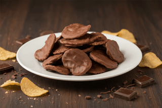 Milk chocolate-covered potato chips piled on a white plate, with potato chips and chocolate pieces scattered on a dark wood surface — Chamberlains Chocolate Factory