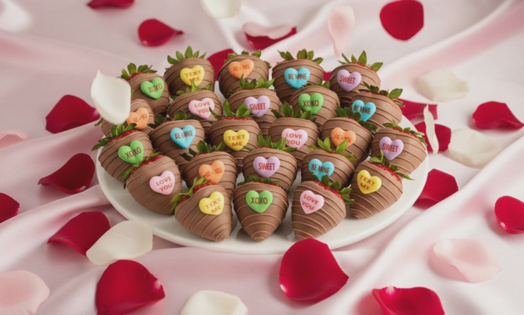 Talking Hearts Chocolate Dipped and Drizzled Strawberries on a platter with colorful sugar decorations.