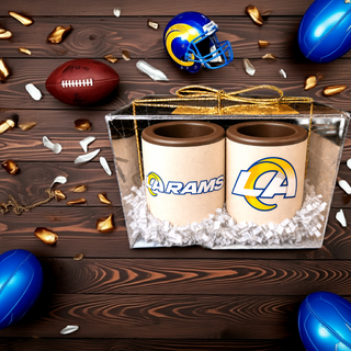 Solid chocolate shot glasses with LA Rams edible prints. Gift boxed, peanut-free, crafted in Roswell, GA. by Chamberlains Chocolate Factory