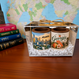 Two Chocolate Molded Shot Glasses with Atlanta and Georgia edible printed images gift boxed from Chamberlains Chocolate in Atlanta Georgia